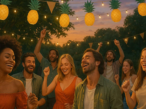 Groep vrolijke mensen die buiten feestvieren met gele ananas slinger versiering en feestverlichting - swinger versiering