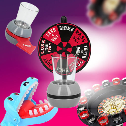 Originele drankspellen met draaiwiel, schietglazen en krokodillenbek voor feestplezier