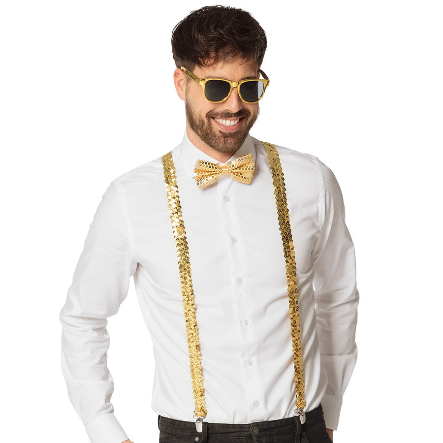 Accessoireset goud - partybril + vlinderstrik & bretels