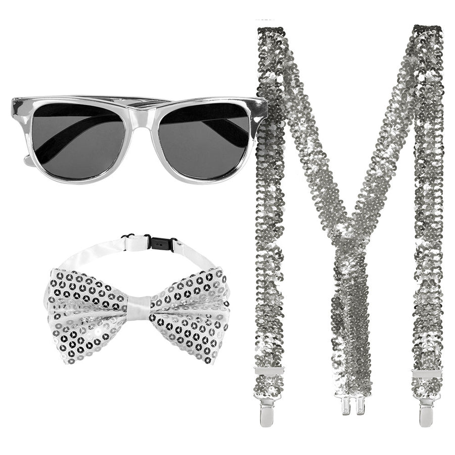 Accessoireset zilver - partybril + vlinderstrik & bretels