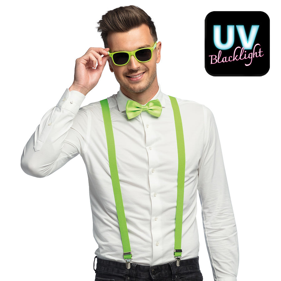 Accessoireset neon groen - partybril + vlinderstrik & bretels