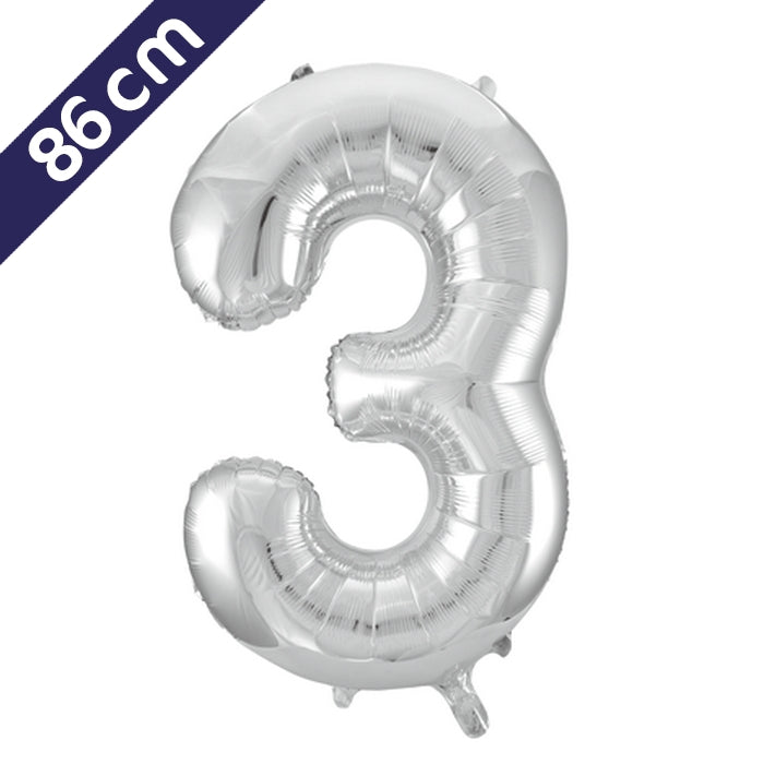 Cijferballon - zilver - cijfer 3 - 86 cm