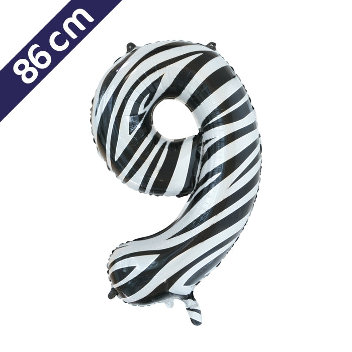 Cijferballon - zebra - cijfer 9 - 86 cm