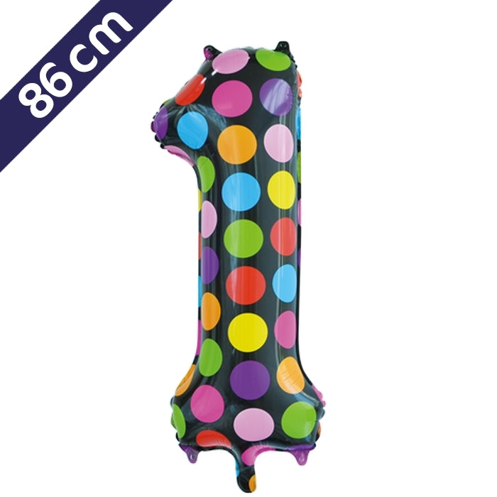 Cijferballon - gekleurde stippen - cijfer 1 - 86 cm