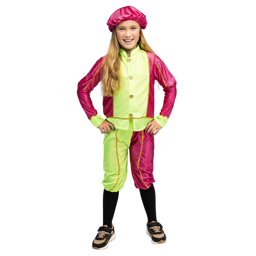 Pietenpak kind - 4 tot 6 jaar - 110-128 cm - limoengroen / fuchsia