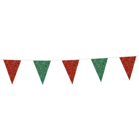 Vlaggenlijn / slinger - 6 meter - 20 x 30 cm - glitter rood / groen vlaggetjes