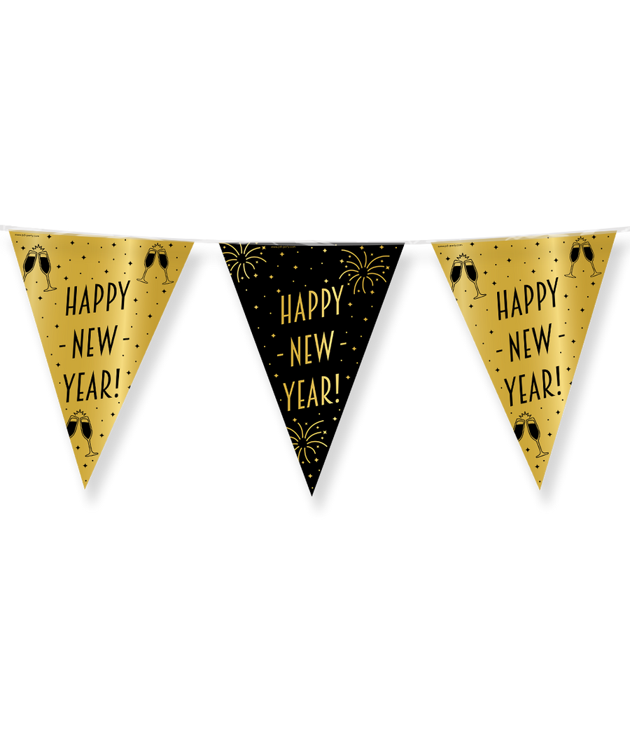 Happy New Year Vlaggenlijn / slinger - 10 meter - goud en zwart - Classy vlaggetjes