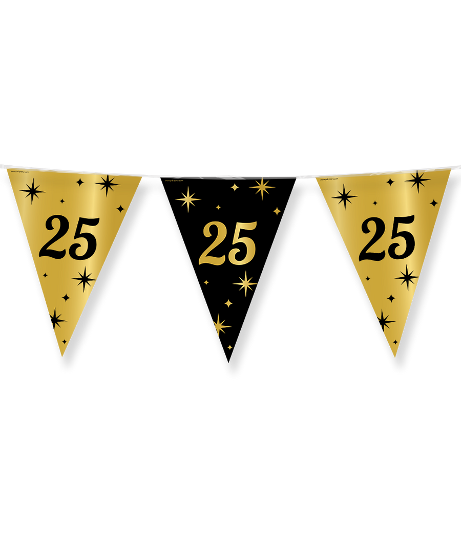 25 jaar getrouwd Vlaggenlijn / slinger - goud en zwart - Classy - 10 meter vlaggetjes