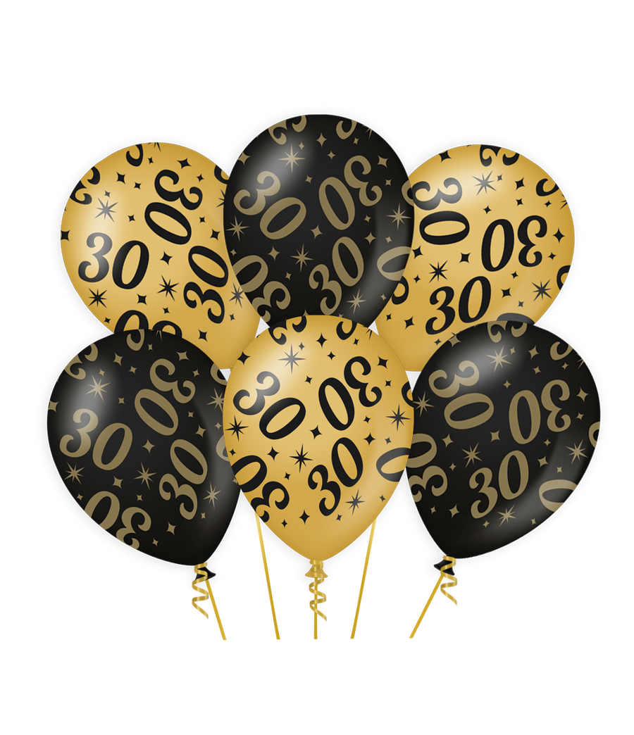 30 jaar Ballonnen - 6 stuks - 30 cm - goud en zwart - Classy
