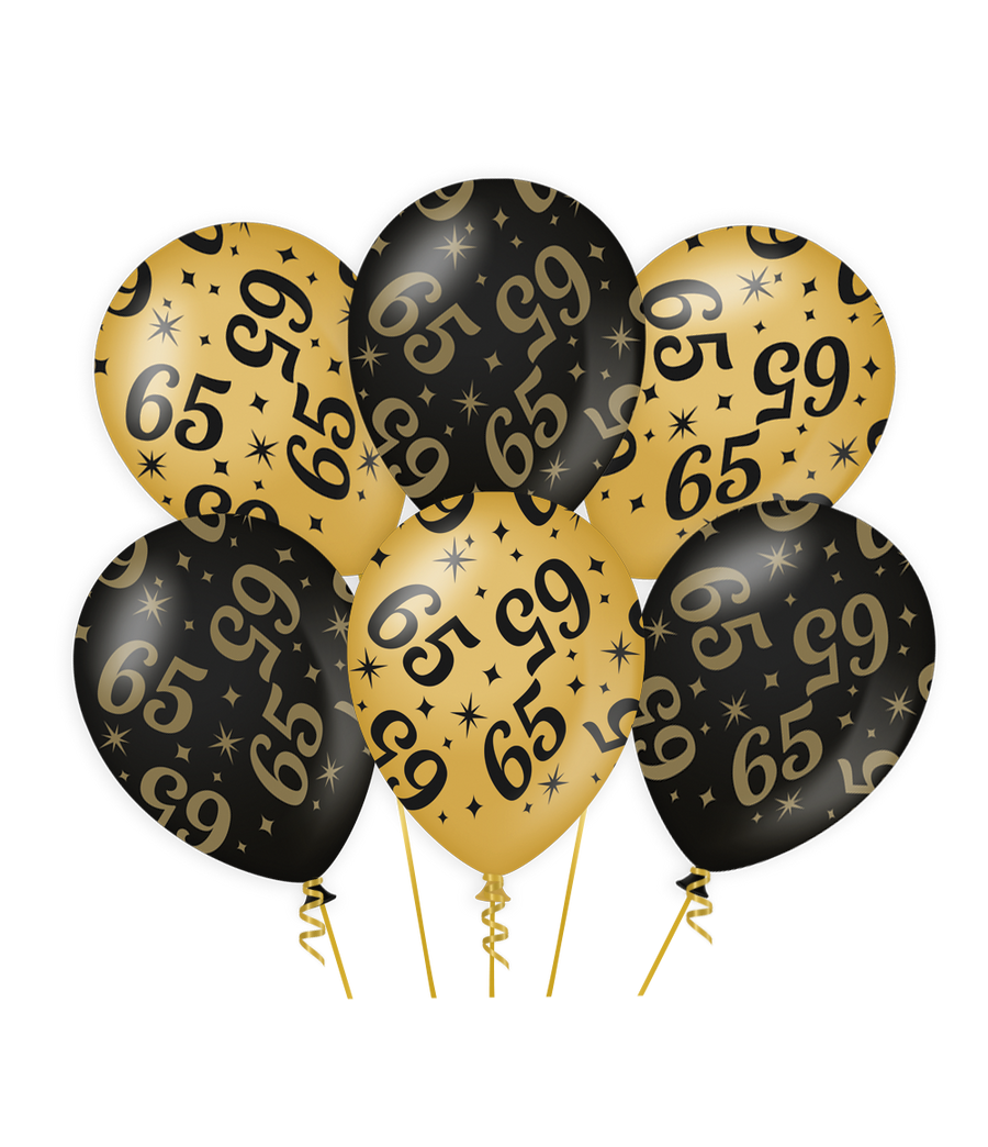 65 jaar Ballonnen - 6 stuks - 30 cm - goud en zwart - Classy