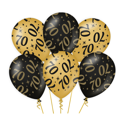 70 jaar Ballonnen - 6 stuks - 30 cm - goud en zwart - Classy