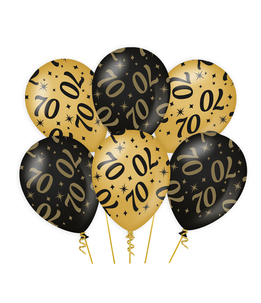 70 jaar Ballonnen - 6 stuks - 30 cm - goud en zwart - Classy