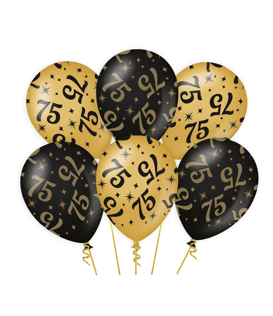 75 jaar Ballonnen - 6 stuks - 30 cm - goud en zwart - Classy