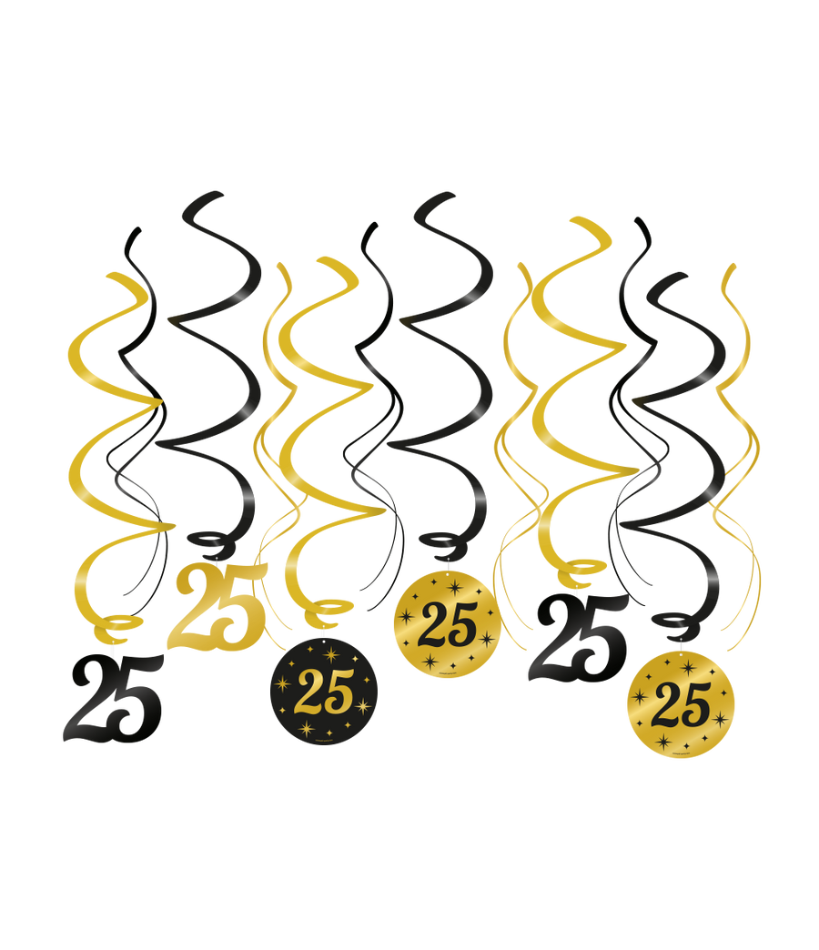 25 jaar getrouwd Swirl slingers - 6 stuks - goud en zwart - Classy