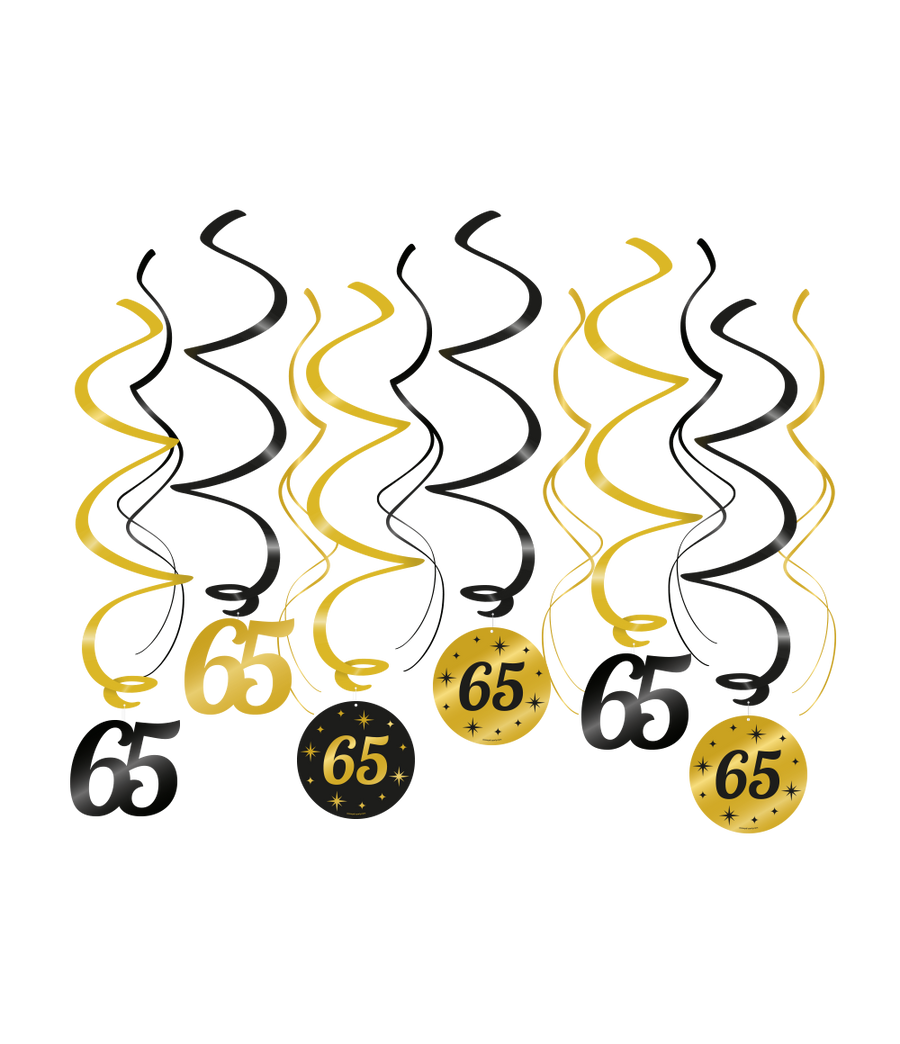65 jaar Swirl slingers - 6 stuks - goud en zwart - Classy