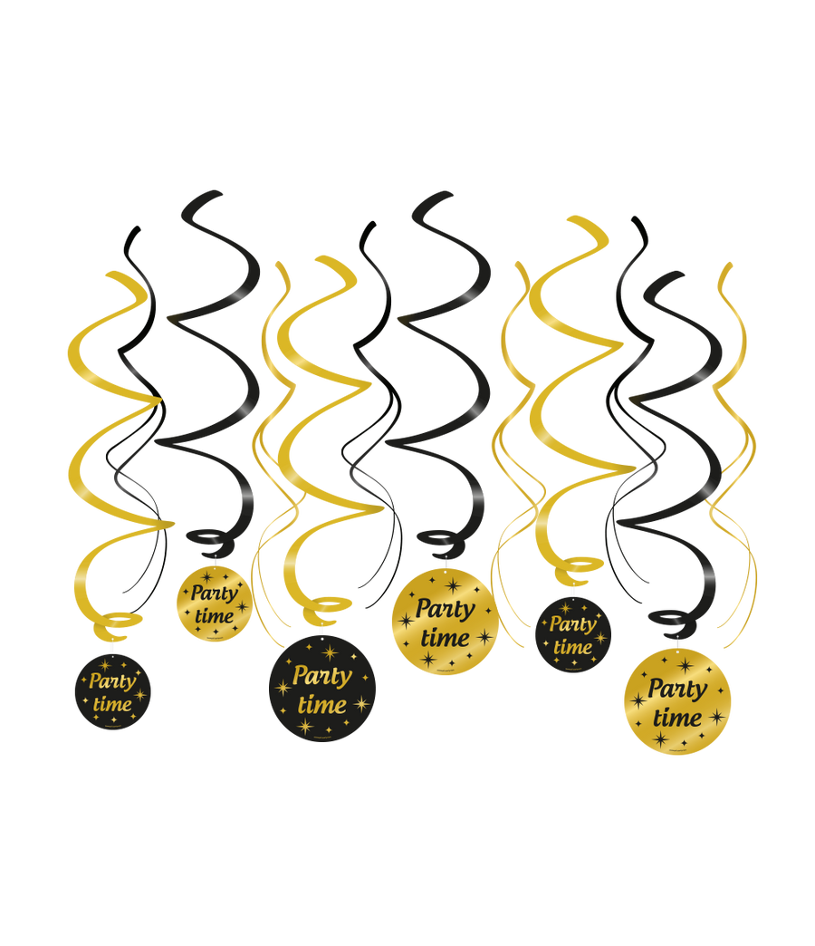 Party time Swirl slingers - 6 stuks - goud en zwart - Classy
