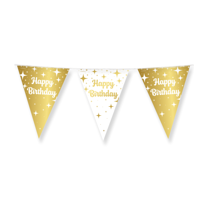 Happy Birthday Vlaggenlijn / slinger - 10 meter - goud en wit vlaggetjes