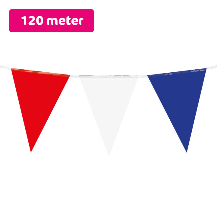Vlaggenlijn / slinger - 120 meter (12 x 10 meter) - rood wit blauw vlaggetjes