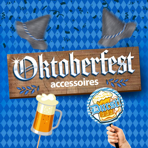 Oktoberfest bierfeest accessories with beer mug and traditional Bavarian hats on blue diamond background
