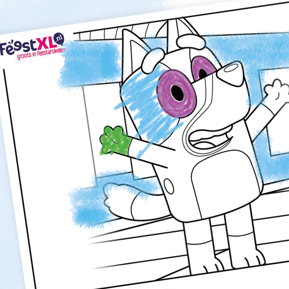 Bluey kleurplaat met gedeeltelijk ingekleurde vrolijke hond voor kinderfeestje activiteiten