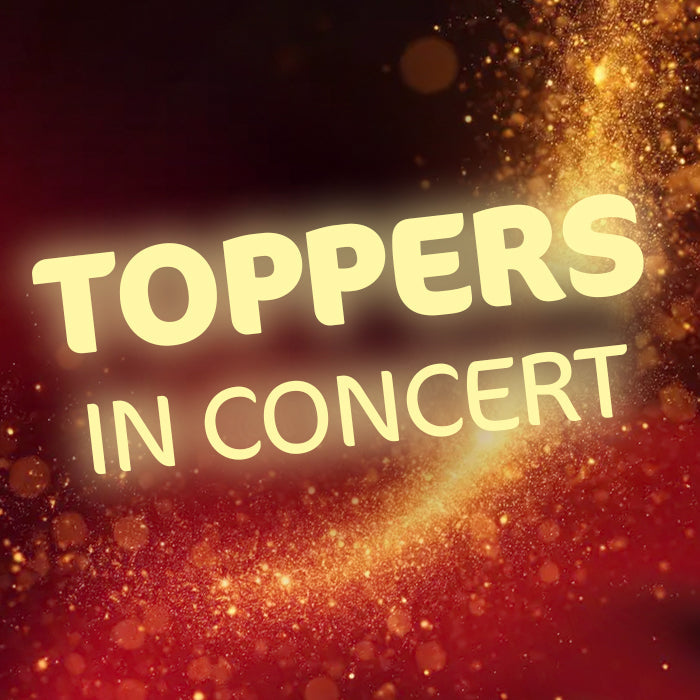 Toppers in concert banner met glinsterende gouden en rode feestelijke achtergrond voor toppers outfit
