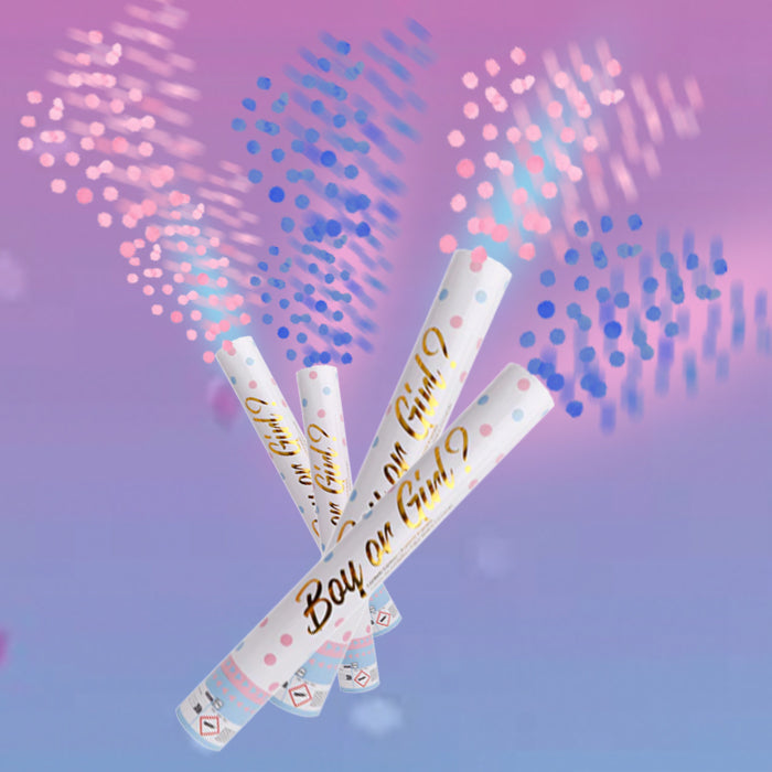 Confetti kanonnen met roze en blauwe confetti voor een gender reveal feestje aankondiging