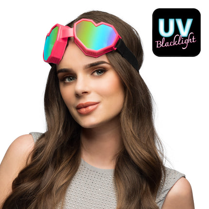 Skibril Party Hartjes - neon roze