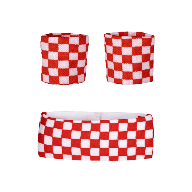 Zweetbandjes 3-delige set - rood wit geblokt