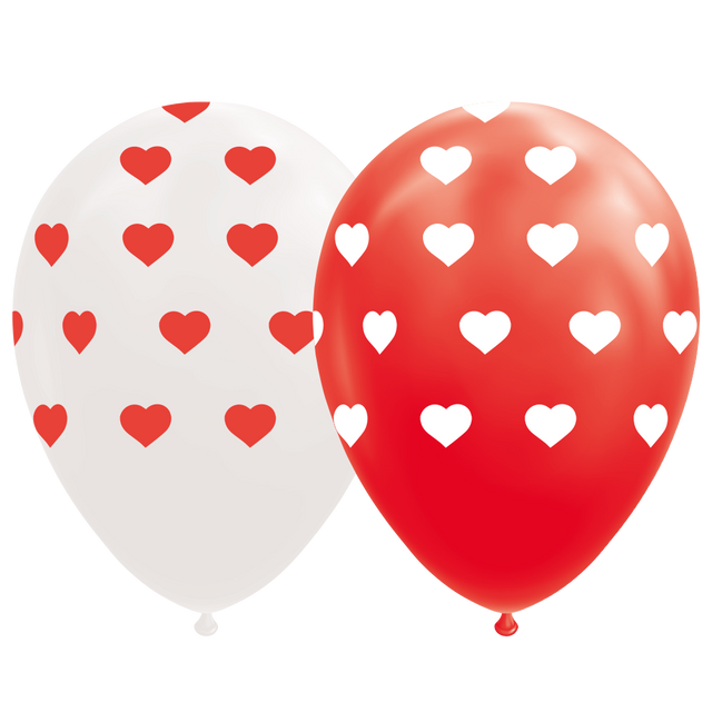 Hartjes ballonnen  - 8 stuks - 30 cm - rood / wit