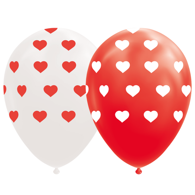 Hartjes ballonnen  - 8 stuks - 30 cm - rood / wit
