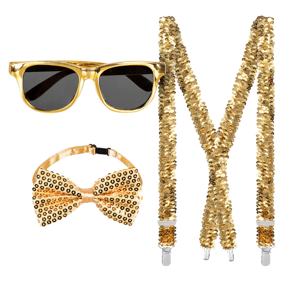 Accessoireset goud - partybril + vlinderstrik & bretels