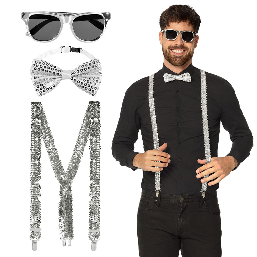 Accessoireset zilver - partybril + vlinderstrik & bretels