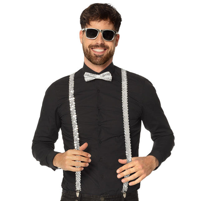 Accessoireset zilver - partybril + vlinderstrik & bretels