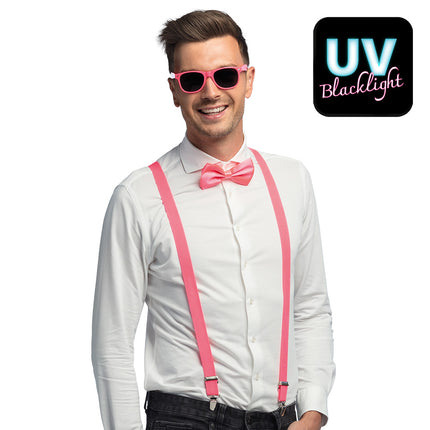 Accessoireset neon roze - partybril + vlinderstrik & bretels