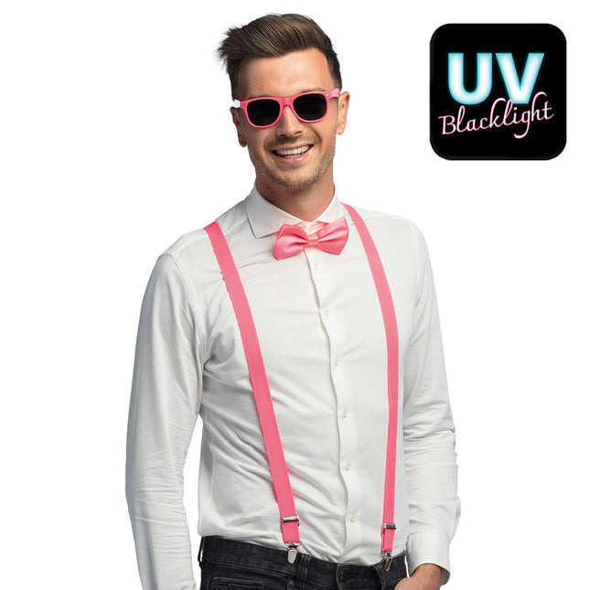 Accessoireset neon roze - partybril + vlinderstrik & bretels