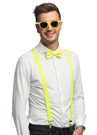 Accessory set neon yellow - party glasses, bow tie &amp; suspenders