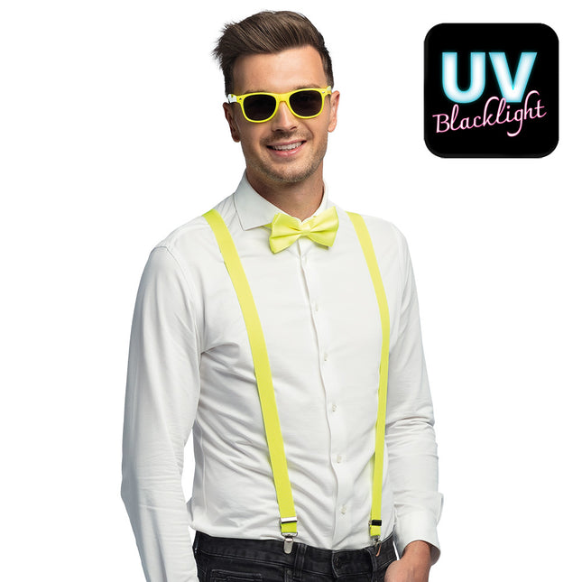 Accessoireset neon geel - partybril + vlinderstrik & bretels