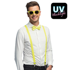 Accessoireset neon geel - partybril + vlinderstrik & bretels