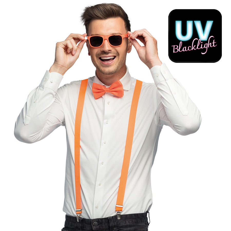 Accessoireset neon oranje - partybril + vlinderstrik & bretels