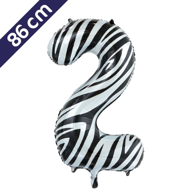 Cijferballon - zebra - cijfer 2 - 86 cm