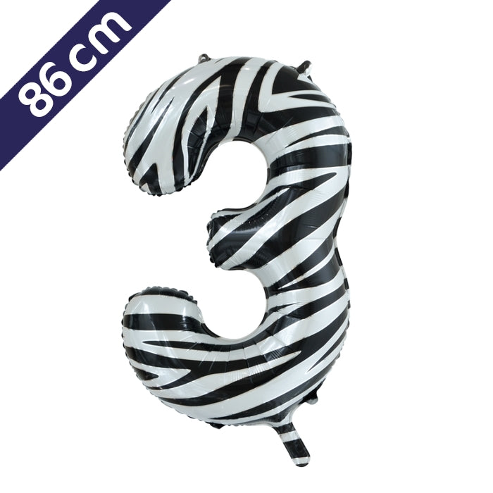 Cijferballon - zebra - cijfer 3 - 86 cm