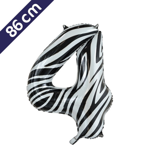 Cijferballon - zebra - cijfer 4 - 86 cm