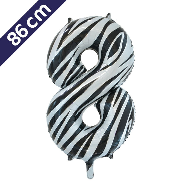 Cijferballon - zebra - cijfer 8 - 86 cm