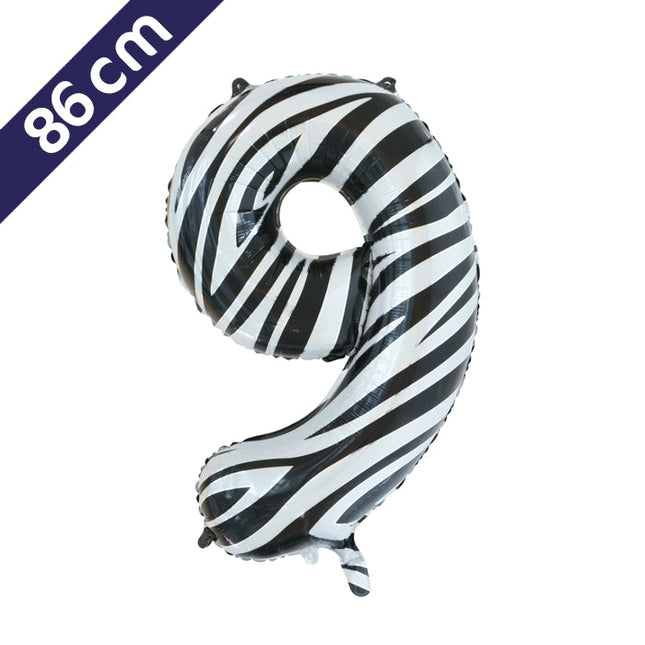 Cijferballon - zebra - cijfer 9 - 86 cm