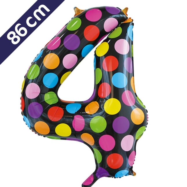 Cijferballon - gekleurde stippen - cijfer 4 - 86 cm