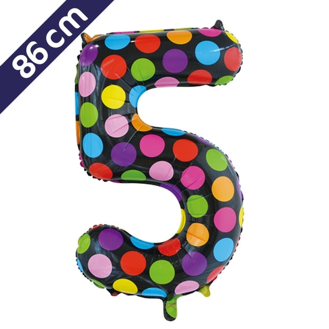 Cijferballon - gekleurde stippen - cijfer 5 - 86 cm