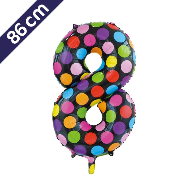 Cijferballon - gekleurde stippen - cijfer 8 - 86 cm