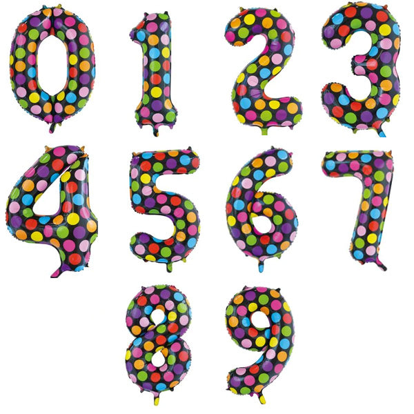 Cijferballon - gekleurde stippen - 86 cm