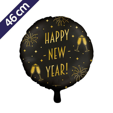 Happy New Year Folieballon - 46 cm - goud en zwart - Classy