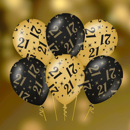 21 jaar Ballonnen - 6 stuks - 30 cm - goud en zwart - Classy